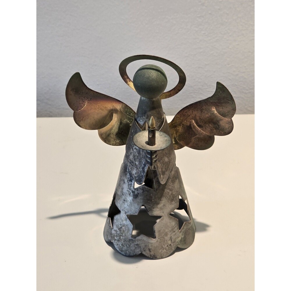 Vintage Metal Angel Candle Holder Star Cutout Brass Wings Halo THC Hong Kong 5"